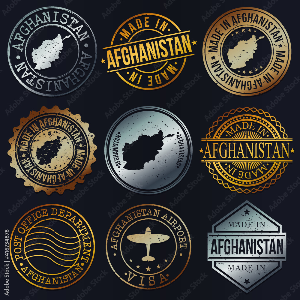 Naklejka premium Afghanistan Business Metal Stamps. Gold Made In Product Seal. National Logo Icon. Symbol Design Insignia Country.