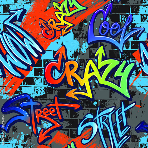 Abstract bright graffiti pattern. With bricks, paint drips, words in graffiti style. Graphic urban design for textiles, sportswear, prints. 