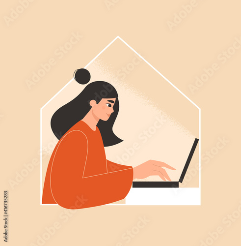 Online education, remote work, home schooling concept. Woman working or studying on her laptop in the house. Freelancer, distance learning. Girl using a computer. Isolated trendy flat vector