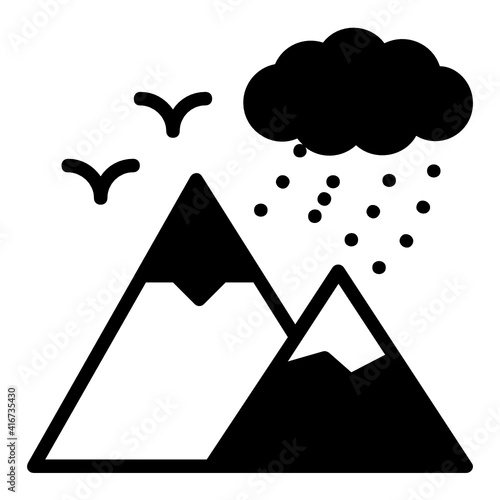 drizzle at hill station stock illustration, Moutains and Cloud Rain Concept, Rainy Equipment Vector Glyph Icon Design, Wet season Symbol on white background, rainfall weather Sign,