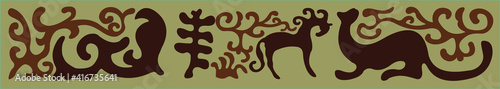 Stylized abstract drawing of animals with nomadic ornaments.
