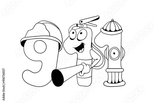 Coloring book page funny cartoon smile fire extinguisher and hydrant. Educational game for kids and children. Emergency fire call number 911. Vector illustration