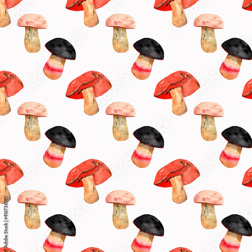Seamless pattern with mushrooms.Suillellus luridus mushrooms.Watercolor hand painted on white background.