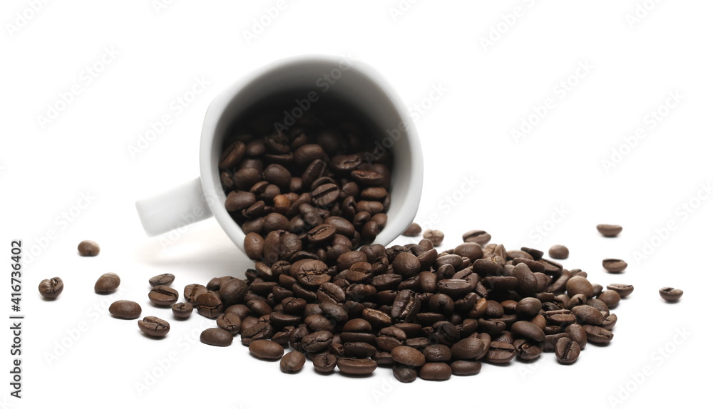 Coffee beans pile with white porcelain cup, mug isolated on white background Coffee beans pile with white porcelain cup, mug isolated on white background