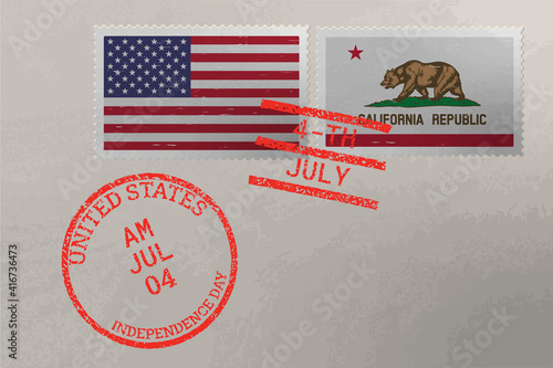 Postage stamp envelope with California and USA flag and 4-th July stamps, vector.
