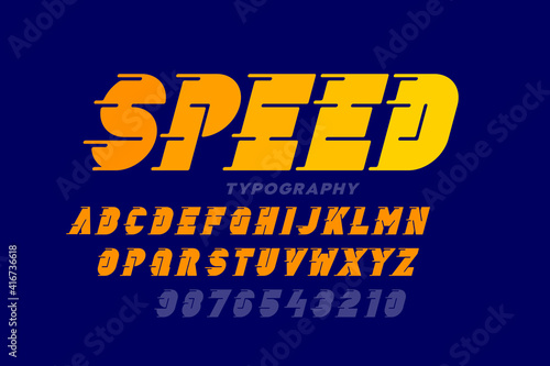Speed style font, typography design, alphabet letters and numbers