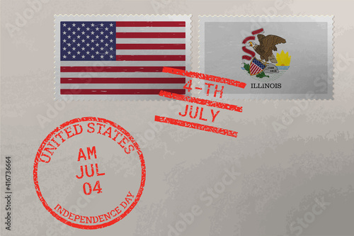 Postage stamp envelope with Illinois and USA flag and 4-th July stamps, vector.