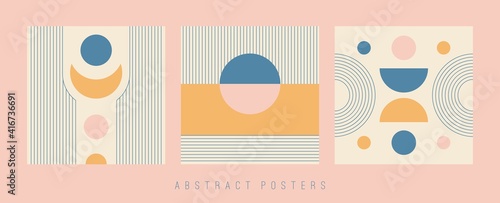 Set of three Abstract Backgrounds. Colorful modern Posters. Circles, Lines, Curves. Geometrical Design. Minimalistic boho elegant concept. Square Patterns. Every poster is isolated