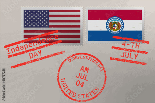 Postage stamp envelope with Missouri and USA flag and 4-th July stamps, vector.