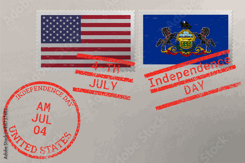 Postage stamp envelope with Pennsylvania and USA flag and 4-th July stamps, vector.