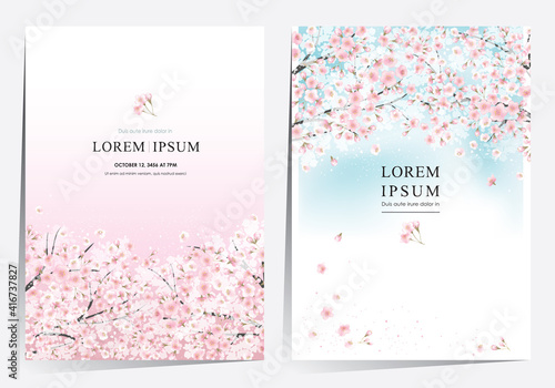 Canvas Print Vector editorial design frame set of spring landscape with cherry trees in full bloom