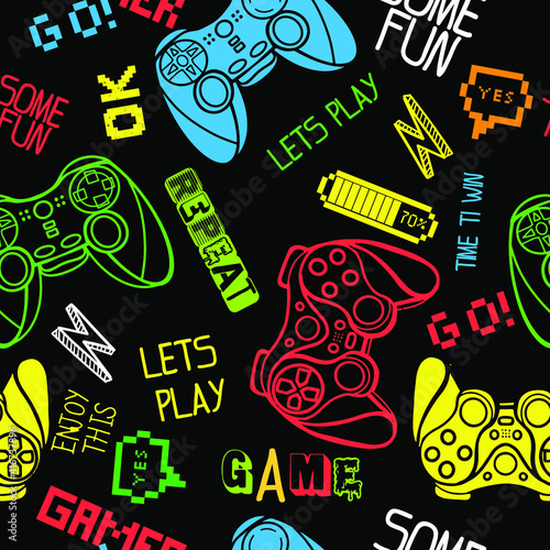 seamless abstract pattern in pixel game style. With dice, words, for boys. Textiles, print, t-shirts, web