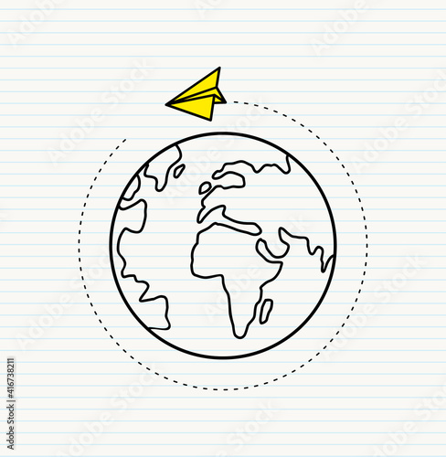Hand drawn paper plane , vector illustration.Origami paper plane flying around the world globe.Vector illustration.