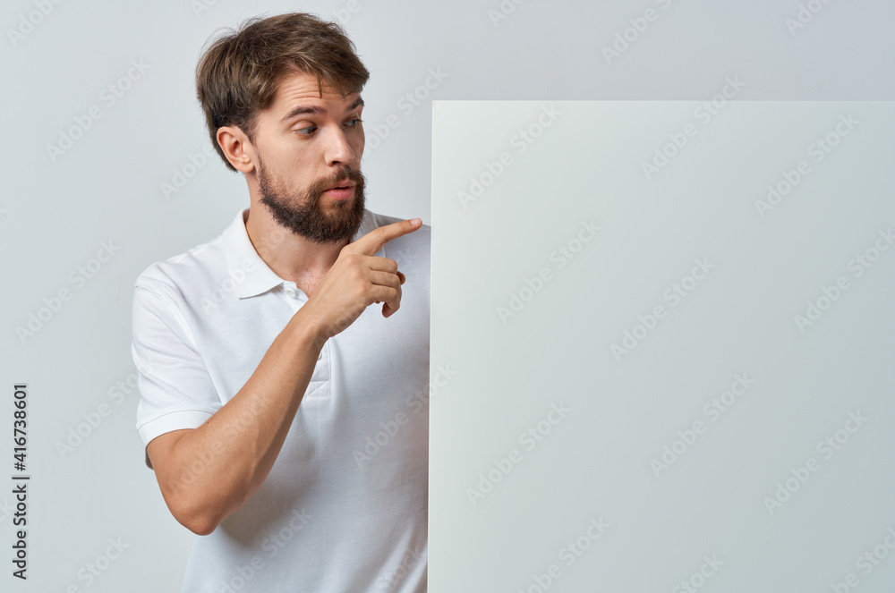 man in white shirt white banner poster advertising presentation man in white shirt white banner poster advertising presentation