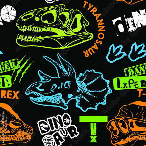 Seamless  Dino pattern, print for T-shirts, textiles, wrapping paper, web. Original design with t-rex,dinosaur skeleton.  grunge design for boys . 
