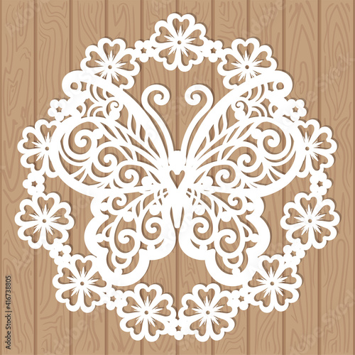 A wreath of flowers and a butterfly pattern for laser cutting. Vector