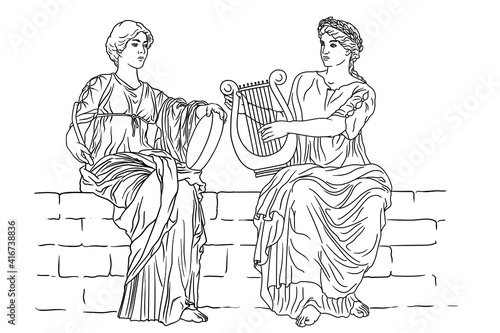 Two ancient Greek women with laurel wreaths on their heads and with harps and tambourine in their hands are playing music.