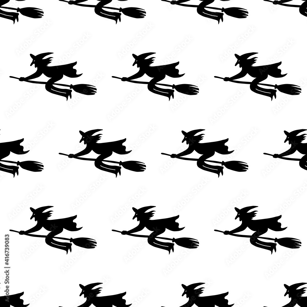 Seamless pattern with a witch on a broomstick. Black witch on a white background. Backgrounds and wallpapers for cards, fabrics, packaging, textiles. Vector illustration.
Seamless pattern with a witch on a broomstick. Black witch on a white background. Backgrounds and wallpapers for cards, fabrics, packaging, textiles. Vector illustration.