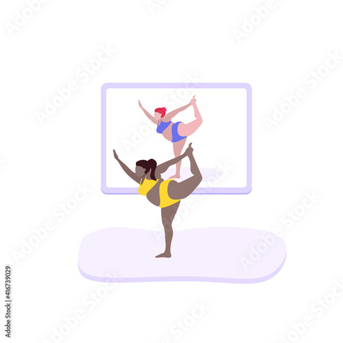 A young black woman watches an online yoga practice on a TV or projector. Stay at home concept. Home activity during quarantine. Online courses, training. Vector fashion illustration