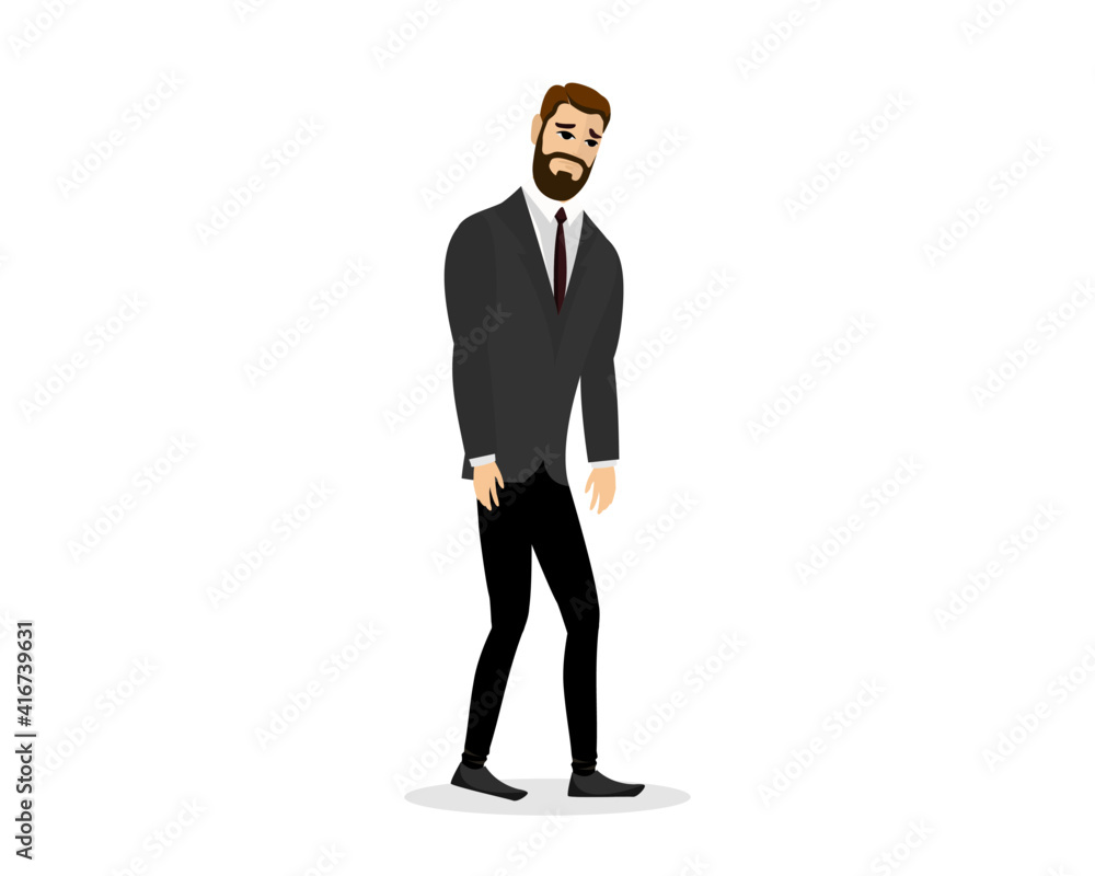Obraz premium Businessman professional burnout syndrome. Exhausted sick tired male manager walking. Sad boring man. Frustrated worker mental health problems. Vector long work day eps isolated illustration