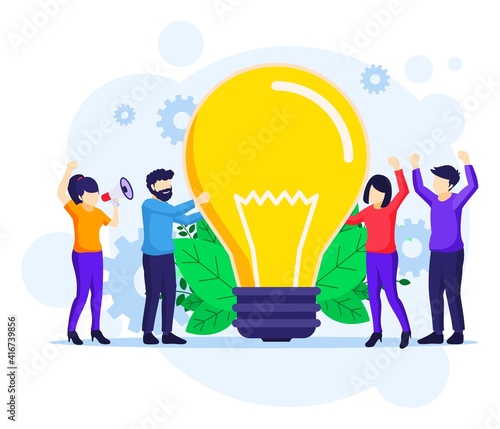 Business Idea concept, People holding a giant light bulb having ideas flat vector illustration