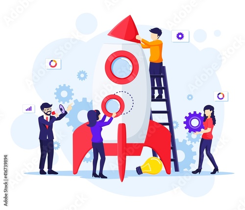 Business Startup concept, People are working together to build a rocket for launching a new business. Boost your business flat vector illustration