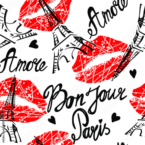 Vector fashion sketch. Glamour seamless pattern with red lips, xoxo, hearts.Girlish print for clothes, textiles, wrapping paper, web. Isolated elements on white background