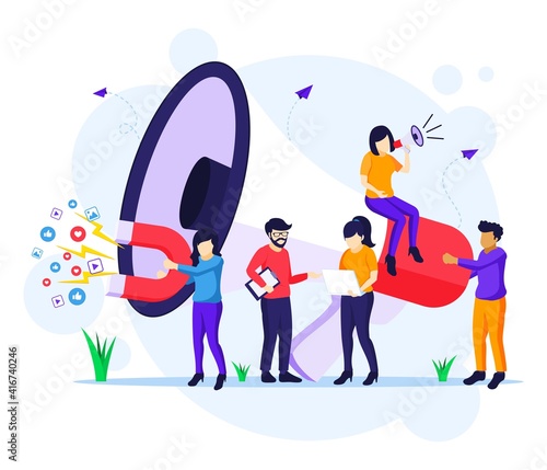 Marketing strategy campaign concept, people holding and shout on giant megaphone for promotion and sales program flat vector illustration