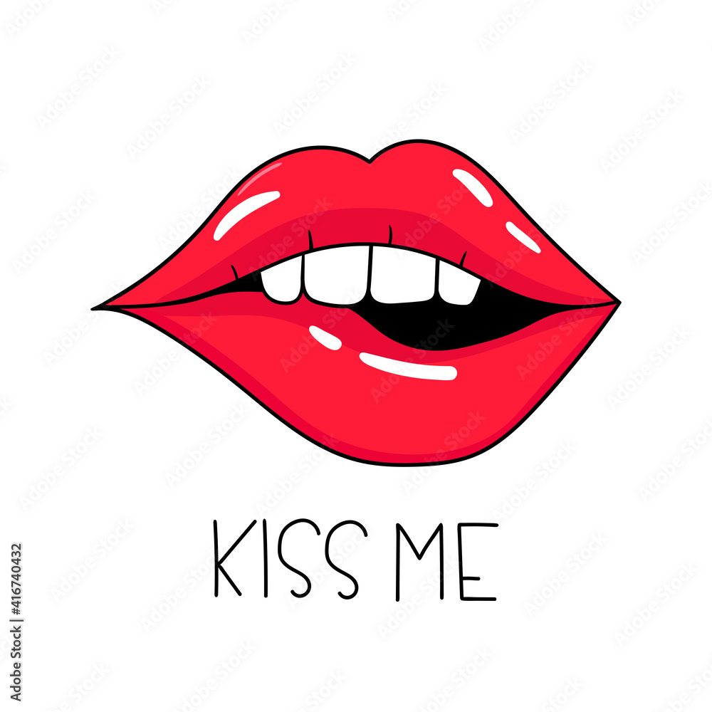 Kiss me. Woman's red lips. Sexy mouth kissing. Cartoon style. Hand-drawn vector illustration. Isolated on white. Valentine greetings cards. Good for t shirts, postcards. Kiss me. Woman's red lips. Sexy mouth kissing. Cartoon style. Hand-drawn vector illustration. Isolated on white. Valentine greetings cards. Good for t shirts, postcards.