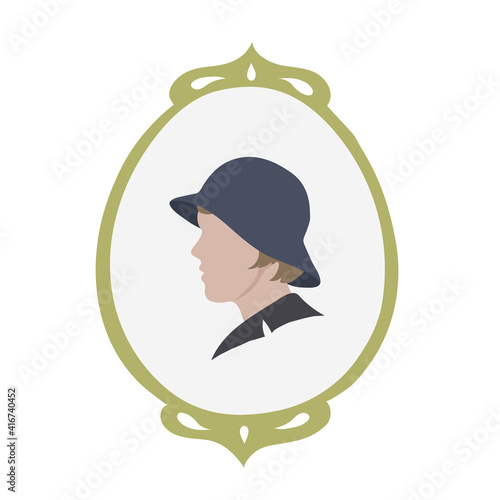 Vector profile of a woman in a 1940s hat in a vintage frame. Flat vector illustration of fashion for hats 1940s heads in America