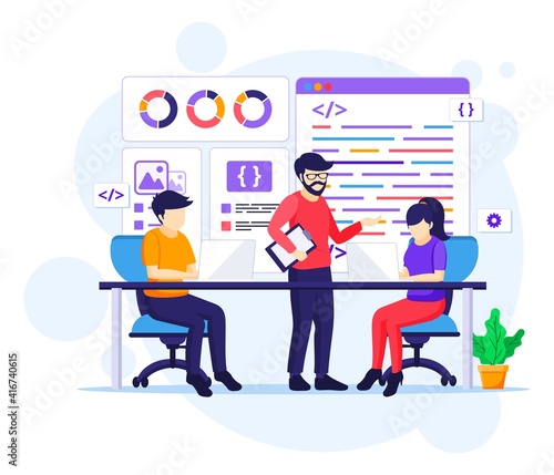 Programmers at work concept, People work on table using laptops programming and coding flat vector illustration