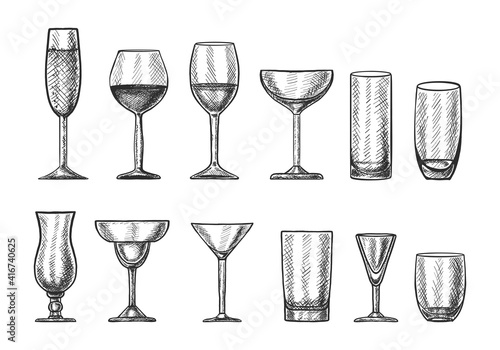 Big vector collection of hand drawn cocktail glasses for different drinks.