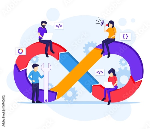 Programmers at work concept, software development with characters flat vector illustration