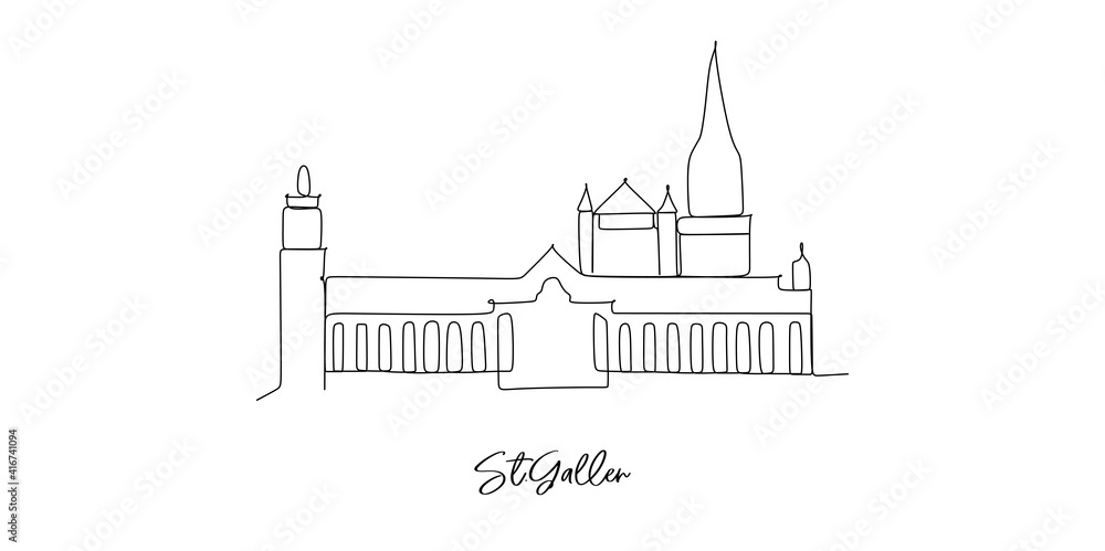 St. Gallen of the Switzerland landmarks skyline - Continuous one line drawing