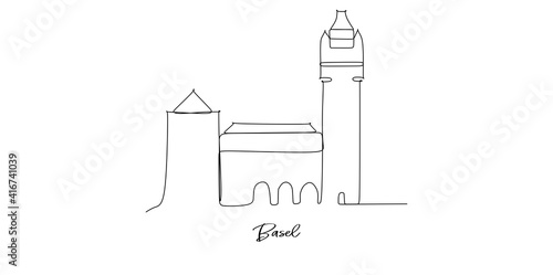 Basel city of the switzerland landmarks skyline - Continuous one line drawing