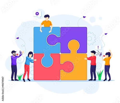 Team work concept, people connecting piece puzzle elements. business leadership, partnership illustration