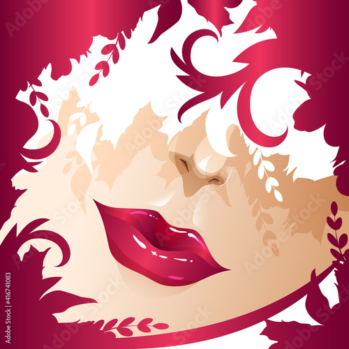 Woman face, half hidden by flowers. Portrait of a beautiful woman.
