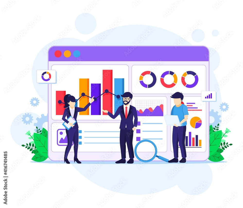 Data Analysis concept, People work in front of a big screen. Auditing, Financial consulting vector illustration Data Analysis concept, People work in front of a big screen. Auditing, Financial consulting vector illustration