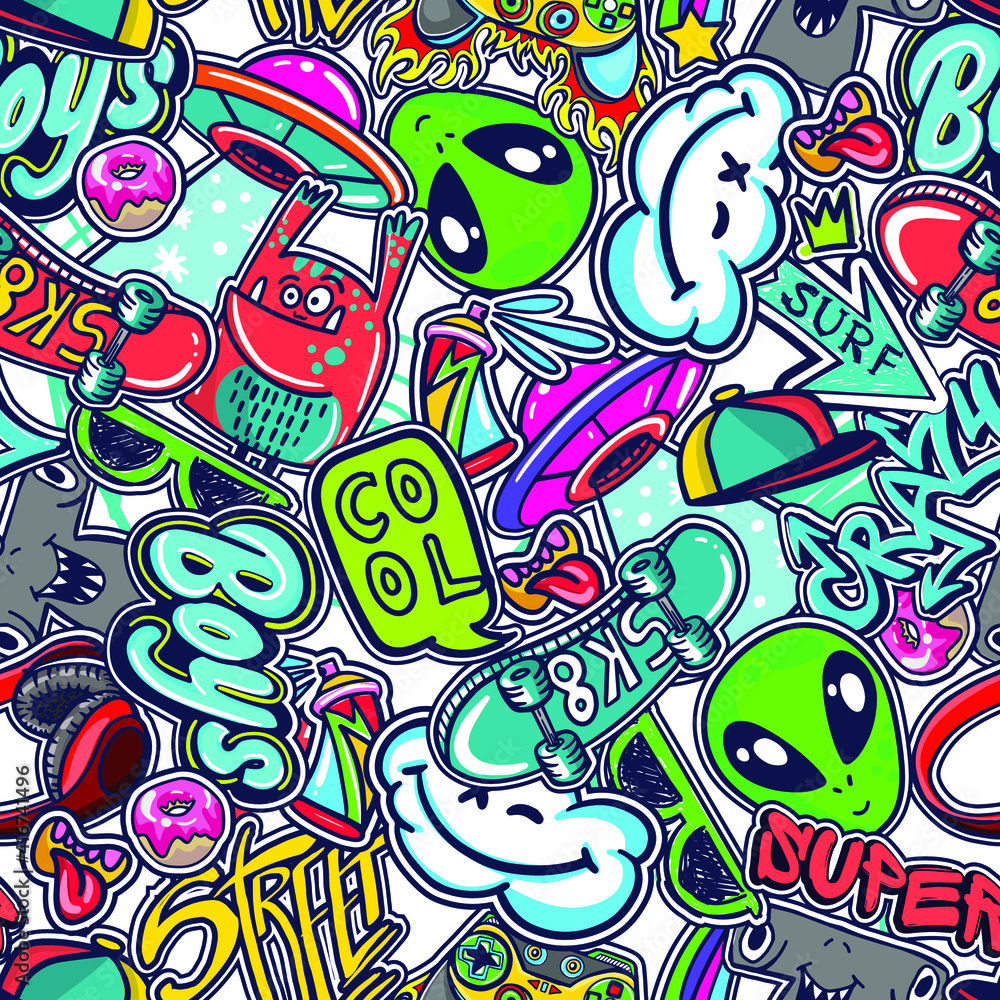 Abstract seamless stickers pattern for boys, teenagers, fashion textile,  clothes, wrapping paper. Repeated print with monsters doodle characters,  graffiti text, skate, ufo, Stock Vector