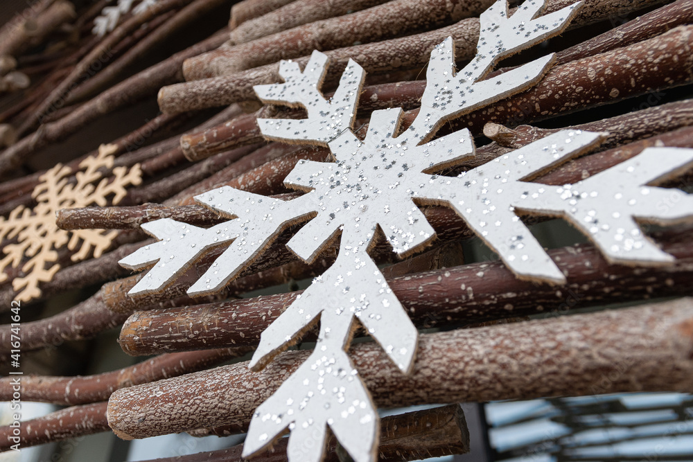 Snowflakes from wood to a wooden base Snowflakes from wood to a wooden base
