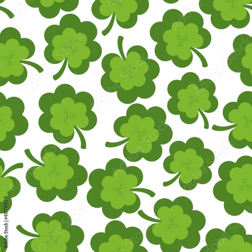 Patrick day background with vector four-leaf clover pattern background. Vector green grass clover pattern background
