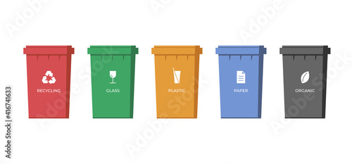 Trash sorting containers. Paper, glass, plastic and organic garbage colourful bins for recycling. Rubbish dustbin set. Waste utilization icons. Save environment and ecology vector concept illustration