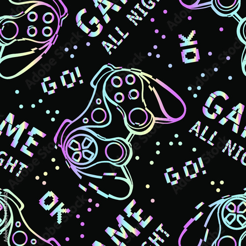 seamless abstract pattern in pixel game style. With dice, words, for boys. Textiles, print, t-shirts, web