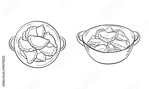 Hand-drawn sketch set of traditional dish from dough and meat. Vector illustration of gyoza in the plate, view from top. Homemade dumplings, vareniki line art isolated on white background.