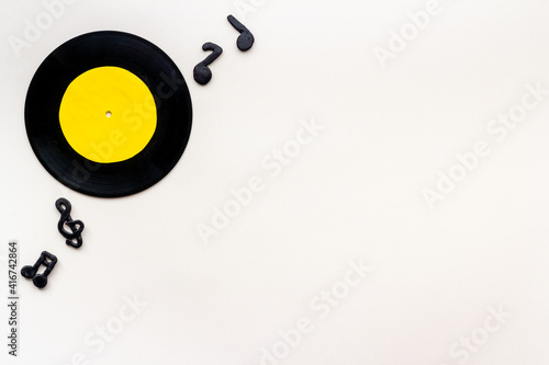 Flat lay of vinyl record. Music background