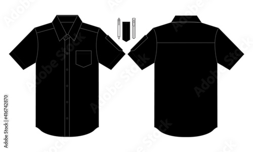 Black Short Sleeve Uniform Shirt With One Pocket and Pen Holder Template On White Background.Front And Back View.