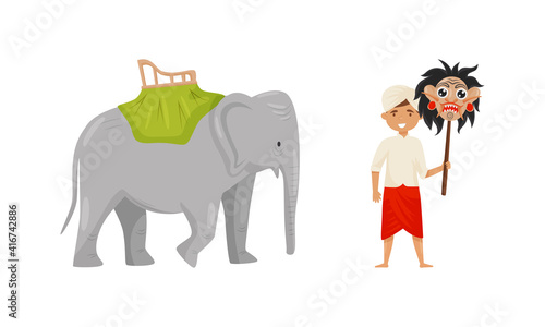 Bali Symbols and Landmarks with Elephant and Man Holding Monkey Mask on Pole Vector Set