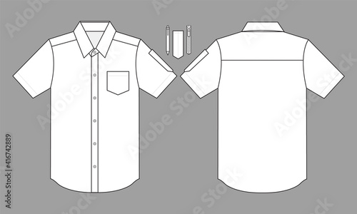 Blank White Short Sleeve Dress Uniform Shirt with One Pocket and Pen Holder Template on Gray Background. Front and Back Views.