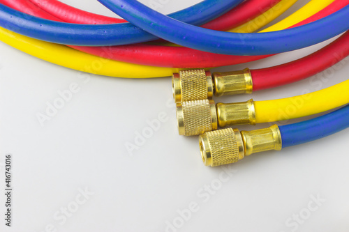 Charging hose set, 3 hoses with 3 colors red, yellow, blue use for refill refrigerant into the cooling system or air conditioner photo