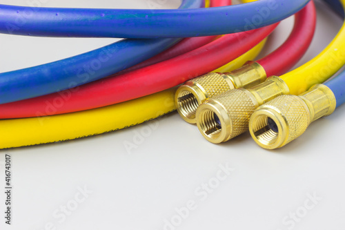 Charging hose set, 3 hoses with 3 color red, yellow, blue, use for charging refrigerant into the cooling system or air conditioner